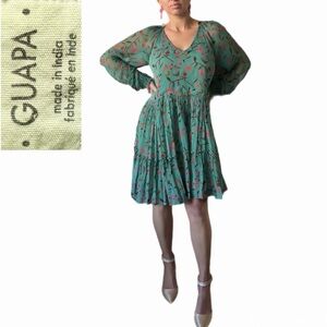 Anthropology x Guapa Floral Boho Mini Dress | Green Pink Floral Empire Waist